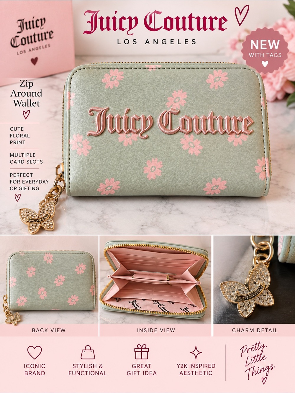 Juicy Couture Floral Zip Around Wallet with Mint Green Pink Butterfly NEW